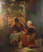 Joseph Dens (1808-1883) Belgian School. A Lady and Gentleman Seated in a Courtyard Reading a Letter,