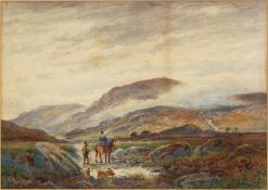 19th Century English School. A Moorland Landscape with a Figure on Horseback, Watercolour,