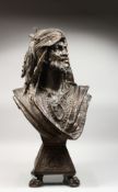 A SUPERB METAL BUST OF AN ARAB with moustache and beard, headdress and cloak, on a square base