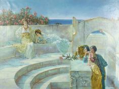 In the Style of Alma Tadema, Classical Maidens Resting on a Marble Terrace, Oil on Canvas, Signed