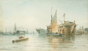 George Gregory (1848-1939) British. Harbour Scene with a Sailboat before Hulks, Watercolour,
