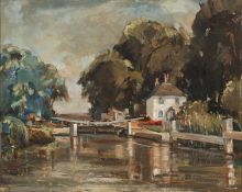 Gilbert Adams (1906-1996) British. 'Whitchurch Lock', Oil on Board, Bears Exhibition Label Verso,