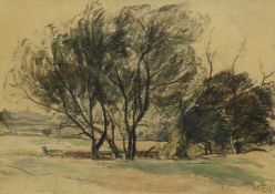 S. T. Hill. 'Willow Trees', a Study of a Landscape, Watercolour and Charcoal, Signed and Dated, 9