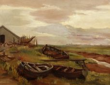 A. H. Spencer (20th Century) British. Boats in a Marshy Landscape, Oil on Canvas, Signed, 14
