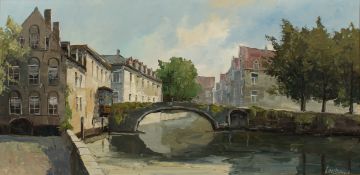 20th Century European School. A Bruges Canal Scene with Bridge, Oil on Canvas, Signed