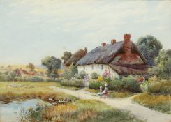 Thomas Noel Smith (1840-1900) British. At the Garden Gate, Figures before a Cottage Garden,