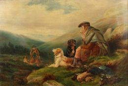 Scottish School Circa 1887. A Scottish Huntsman and his Dogs at Rest with the Day's Catch, Oil on