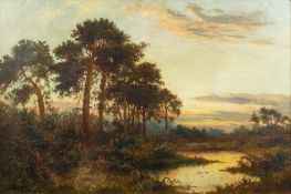 Daniel Sherrin (1868-1940) British. A River Landscape at Dusk, with Figures in the undergrowth,