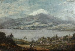 Continental School. An Alpine Lake Scene with Figures in the Foreground, Oil on Panel,
