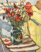 Roger Collin (20th Century). A Still Life of Red Flowers in a Glass Vase, Oil on Card, Inscribed