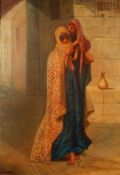 20th Century Orientalist School. A Scene of a Young Veiled Woman Carrying a Child through a Town