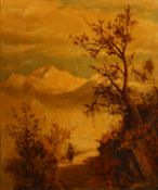 English School. Figure on a Path with Snow Capped Mountains Beyond, Oil on Canvas, 28