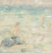 Paul Beauvais British. A Beach Scene with a Figure Seated on a Rock, Oil on Board,
