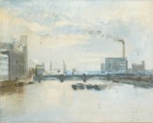 Michael Browne (b.1930). New Zealand/British. A View of the Thames with Barges and a Bridge, Oil