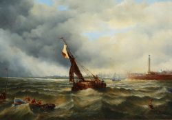 Dutch School (20th Century). A Fishing Boat and a Barge approaching a Harbour in Rough Seas, Oil