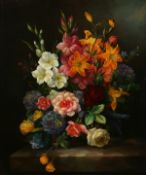 20th Century European School. A Still Life of Mixed Flowers on a Marble Ledge, Oil on Panel,