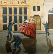 Martin Vernon (b.1966). Surreal Composition with Suited Men Outside a Bank, Oil on Canvas, 32