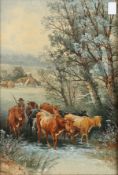 Thomas Rowden (1842-1926) British. Driving the Cattle, Watercolour, Signed, 17.5