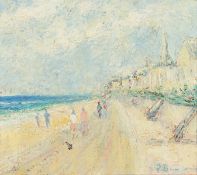 Paul Beauvais British. A Continental Town Scene with Figures on a Beach, Oil on