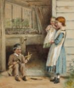 George Goodwin Kilburne (1839-1924) British. A Scene of Three Young Children Outside a Workshop,