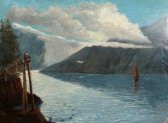 Continental School. An Alpine Lake Scene, with a Boat in Full Sail, Oil on Panel, 16