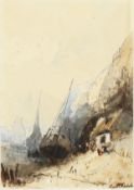 Louis Joseph Legall-Dutertre (b.1796) French. Moored Boats before a Cliff Face, Watercolour, Signed,