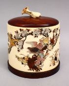 A GOOD JAPANESE MEIJI PERIOD CARVED IVORY & SHIBAYAMA TUSK POT & COVER, the body of the section