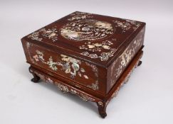 A FINE QUALITY CHINESE HONGMU HARDWOOD & MOTHER OF PEARL INLAID BOX, the inlay depicting phoenix