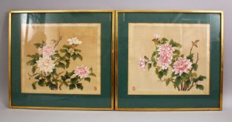 A PAIR OF JAPANESE PAINTINGS ON SILK OF FLORA, both finely painted to depict chrysanthemum