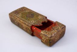 A 19TH CENTURY INDO PERSIAN KASHMIRI PAPIER MACHE LACQUERED SLIDING BOX, 13cm long.