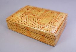 A GOOD KASHMIRI INDIAN LIDDED BOX, decorated with figures, 15cm wide x 10cm,