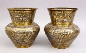A GOOD PAIR OF 19TH CENTURY DAMASCUS INLAID CALLIGRAPHIC VASES, both engraved with calligraphy and
