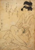 A GOOD JAPANESE WOODBLOCK PRINT BY KITAGAWA UTAMARO 1753 - 1806, depicting a lady seated with with a