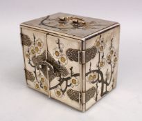 A GOOD JAPANESE MEIJI PERIOD SILVER AND GILT MINATURE TABLE CABINET, the cabinet carved with