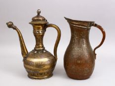 TWO 19TH CENTURY PERSIAN BRASS ENGRAVED JUG / EWER, both engraved with motif and floral