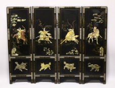 A GOOD 19TH / 20TH CENTURY CHINESE FOUR FOLD INLAID SCREEN, the sections inlaid to depict figures