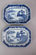 A GOOD PAIR OF 18TH CENTURY CHINESE QIANLONG BLUE & WHITE PORCELAIN DISHES, decorated with landscape