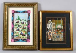 TWO 20TH CENTURY PERSIAN MINIATURE PAINTINGS, one with an inlaid khatam frame, 24cm x 14cm & 20cm
