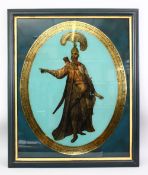 A FINE PERSIAN OVAL PAINTING ON GLASS, 30 ins x 24 ins.