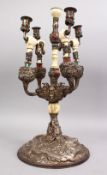 A FINE QUALITY 19TH CENTURY CHINESE SOLID SILVER, IVORY AND PRECIOUS STONE CANDELABRA, the stick