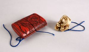 A FINE QUALITY JAPANESE MEIJI PERIOD CINNABAR LACQUER FOUR CASE ONI & DRAGON INRO & OCTOPUS & BOY