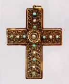 A FINE INDO PORTUGUESE TURTLE SHELL CROSS PENDANT, mounted with filigree silver and inset with