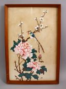 A CHINESE PAINTING ON CARD OF BIRDS AMONGST FLORA, 45cm x 30cm