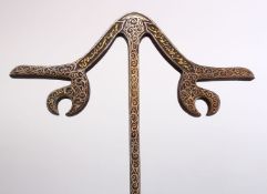 A GOOD 19TH CENTURY ISLAMIC SILVER & GOLD INLAID STEEL CALLIGRAPHIC DARWISH STICK, with gold inilaid