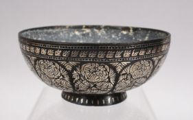 A 19TH CENTURY INDIAN INLAID BIDRI BOWL, with inlaid silver decoration, 13cm.