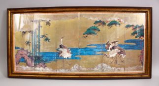 A JAPANESE FRAMED SECTIONAL PANEL PAINTING OF CRANES IN LANDSCAPE, with gilt highlights, 36cm x
