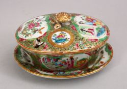A 19TH CENTURY CHINESE CANTON FAMILLE ROSE PORCELAIN BOX, COVER & TRAY, decorated with panels of