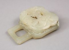 A CHINESE CARVED CELADON JADE PART OF A BELT, carved with funghi and chilong, 6cvm.