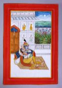 A INDIAN RAJASTHANI JODHPUR SCHOOL MINIATURE PAINTING, depicting a courting couple seated on a