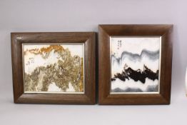 A PAIR OF CHINESE REPUBLIC STYLE FAMILLE ROSE FRAMED PORCELAIN PANELS, both of landscape scenes with